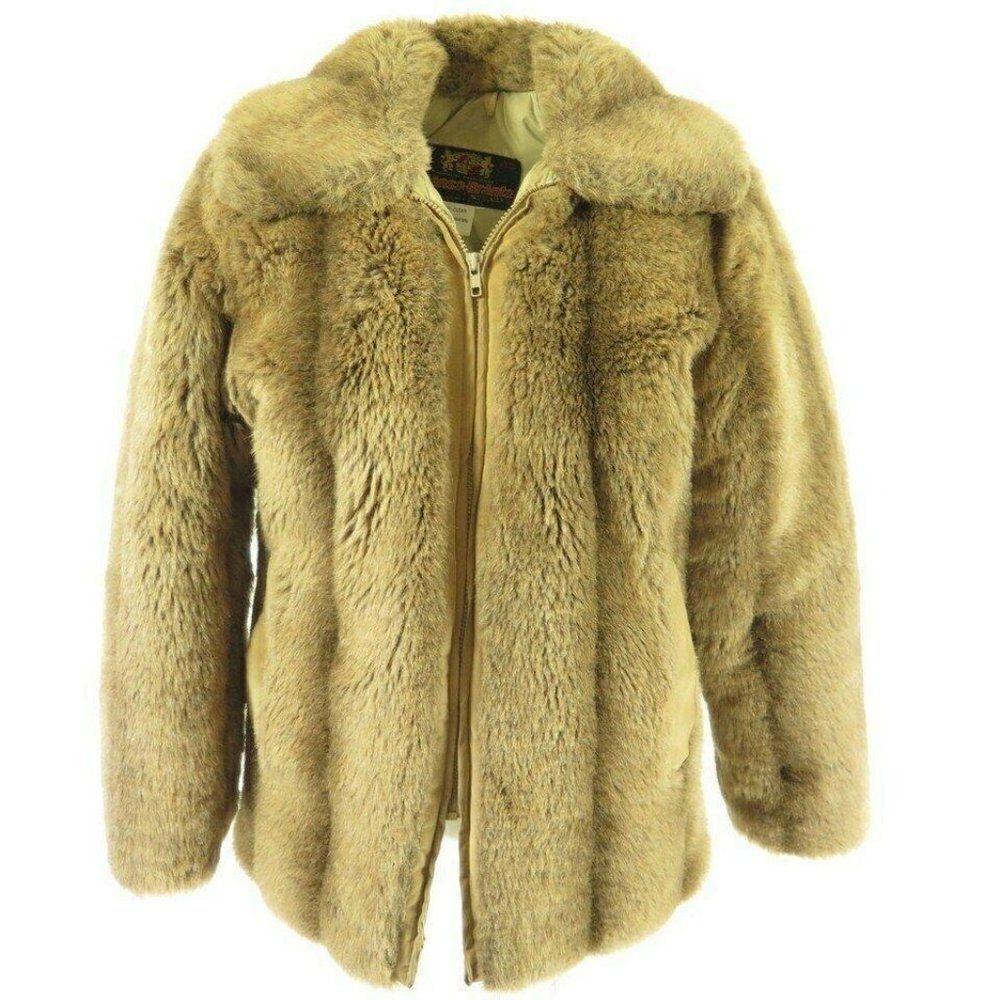 Vintage 70s Hansa Branta Faux Fur Jacket M Brown Coat Goose Down Pockets Zipper